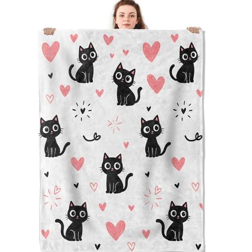 Cute Black Cat Heart Blanket, Cartoon Kitten Love Flannel Throw Blankets, 40"x50", Soft Warm Lightweight Fuzzy Cozy Throws for Couch Bed Sofa Decorative Gifts for Pet Lover Girls Kids, White - color: Black Cat, size: 40x50 inch