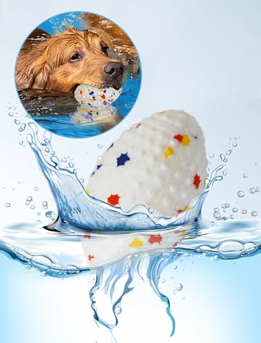 Deeow 2 Pack Water-Floating Squeaky Dog Toys for Fetching Game, ETPU White Rugby Ball Pet Toys, Durable Beach and Pool Toys for Interactive Game, Non-Toxic Puppy Toy Ball for Outdoor Fun