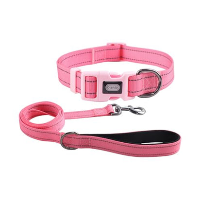 Dog Collar Leash Set, Durable Polyester with Safety Reflective Strips, 5 ft Matching Leash, Neoprene Padded Handle, Adjustable 4 Sizes for Small Medium Large Dogs.(S, Pink) - color: Solid Pink, size: Small