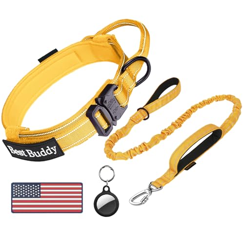 AUBELL Tactical Dog Collar and Leash Set, Reflective Adjustable Heavy Duty Military K9 Collars with Handle and Metal Buckle for Medium Dogs, with Airtag Case and 2 Patches(Yellow,M) - color: Yellow Set, size: M(13.5"-17")