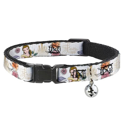 Disney Breakaway Cat Collar with Bell, Plastic Clip, Easy Adjustable, Beauty and The Beast Belle Castle Pose with Script, 8.5 to 12 Inches 0.5 Inch Wide