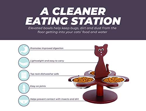 Etna Pet Store Elevated Cat Bowls - Wooden, Raised Pet Feeder Promotes Better Digestion, Easy on Joints - Multiple Feeder with 3 Removable Bowls for Food and Water - Brown