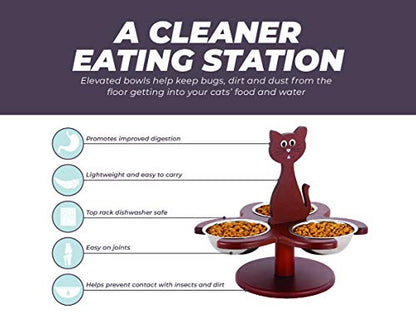Etna Pet Store Elevated Cat Bowls - Wooden, Raised Pet Feeder Promotes Better Digestion, Easy on Joints - Multiple Feeder with 3 Removable Bowls for Food and Water - Brown