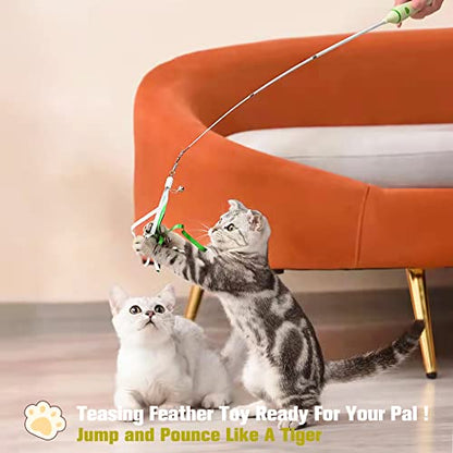 BEBOBLY 3-in-1 Retractable Cat Wand Toy for Indoor Cats Interactive Cat Feather Toys - color: Green