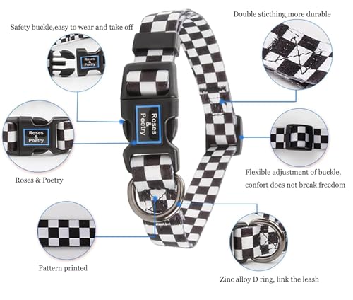 Roses&Poetry Dog Collar with Colourful Checkered Patterns, Adjustable Durable Puppy Collars for Small Medium Large Dogs (Black & White-S) - color: Checkered, size: S