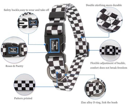 Roses&Poetry Dog Collar with Colourful Checkered Patterns, Adjustable Durable Puppy Collars for Small Medium Large Dogs (Black & White-S) - color: Checkered, size: S