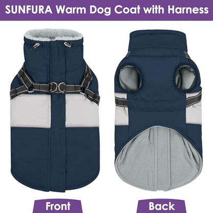 Small Dog Coat with Harness Built in, Warm Dog Jacket Winter with Zipper On Back, Waterproof Pet Snow Jacket Snowsuit Pet Sweater Clothes for Puppy, Blue XS - color: Navy Blue, size: X-Small