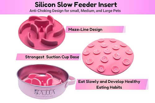 Pink Slow Feeder 3-in-1 Travel Dog Bowl Set – 30 OZ Stainless Steel + 20 OZ Collapsible BPA-Free Silicone Bowl Lid | Silicon Slow Feeder Insert | Non-Slip, Anti-Choking|, Carabiner | We give Back - color: Slow feeder Pink Bowl