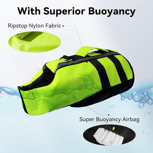 Dog Life Jacket for Small to Large Dogs, Reflective Dog Swimming Vest with D-Ring Leash, High Flotation Pet Swimsuit for Boating Swimming, Fluorescent Green M - size: Medium