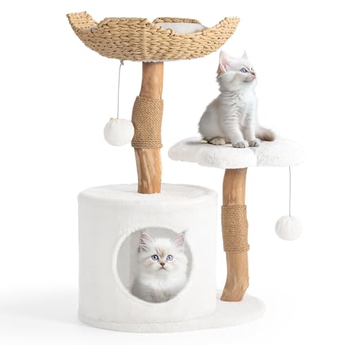 Easyego Modern Cat Tree, 26.3" Aesthetic Wood Cat Tree Tower, Luxury Cat Condo with Scratching Posts and Flower Platforms, Cat Furniture, Pure White - color: Pure White, size: 26.3''