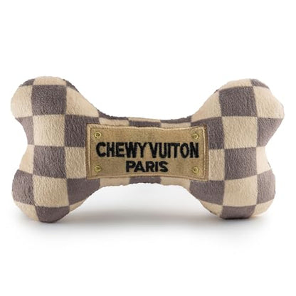 Haute Diggity Dog Chewy Vuiton Bone Plush Squeaky Dog Toy, Soft Durable Designer-Inspired Stuffed Puppy Chew Toys for Small & Medium Dogs, Machine-Washable (Tan Checker) Large - color: Brown Bone, size: Large