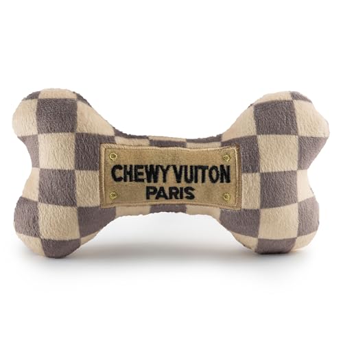 Haute Diggity Dog Chewy Vuiton Bone Plush Squeaky Dog Toy, Soft Durable Designer-Inspired Stuffed Puppy Chew Toys for Small & Medium Dogs, Machine-Washable (Tan Checker) Large - color: Brown Bone, size: Large
