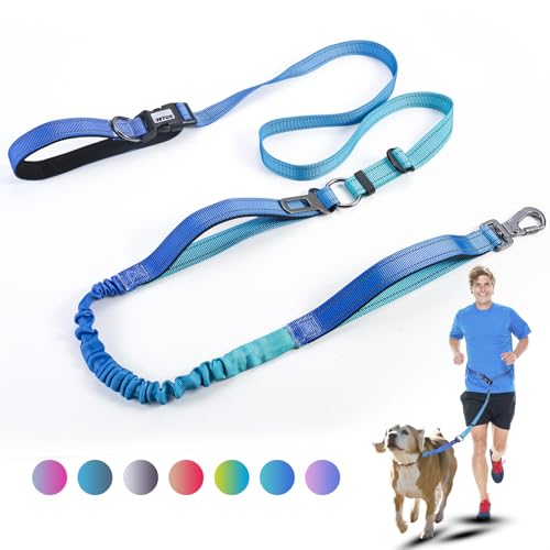 Heavy Duty Hands Free Dog Leash, 5-7 FT Reflective Adjustable Waist Dog Leash Belt with Padded Handles, Shock Absorbing Bungee and Car Seat Belt for Large Medium Dogs (Gradient Cobalt, XL) - color: Gradient Cobalt