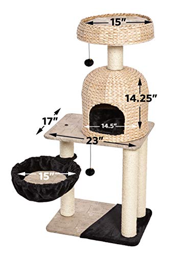 MidWest Homes for Pets Cat Tree | Reid Cat Furniture, 3-Tier Cat Activity Tree w/Sisal Wrapped Support Scratching Posts & Dangle Play Balls, Woven Rattan & Script Medium Cat Tree - size: Reid Woven Rattan/Script