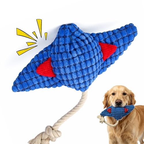 Durable Stingray Manta Ray Rope Plush Dog Toy with Squeaker – Strong Stitched Seams, High Resilience Cotton, Interactive Tug-of-War for Small to Large Breeds, Teething Puppies & Moderate Chewers - color: Blue Fish