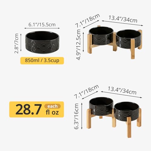 Elevated Ceramic Dog Bowl Set, 6" Dog Bowls with Dual Fixed Heights Stand, 3.5 Cup Food and Water Bowls for Small Breed Dogs, Microwave Safe (Double Bowls + Stand - Black, 6 inch) - color: Double Bowls + Stand - Black, size: S - 6 Inch