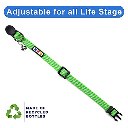 Pawtitas Recycled Green Reflective Cat Collar – Eco-Friendly Breakaway Safety Buckle, Adjustable Kitten & Adult Collar with Removable Bell and High-Visibility Strap - color: Recycled Green