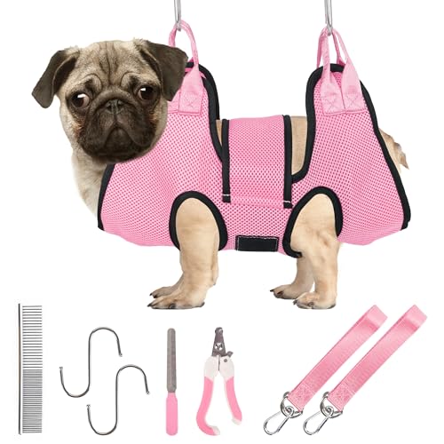 PatiencET Dog Grooming Hammock, Pet Grooming Hammock for Cats & Dogs with Security Strap, Dog Sling for Nail Trimming with Nail Clippers/Trimmer, Nail File, Pet Comb(Pink S) - color: Pink, size: S (17 LB Max)