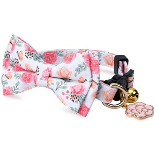 2 Pack Cotton Cat Collar with Bow Tie and Bell for Girl Boy Cats,Cute Pink Flamingo and Blue Whale Pattern Spring Summer Breakaway Cat Collar for Male Female Cats (Flower&Sunflower) - color: Flower&Sunflower