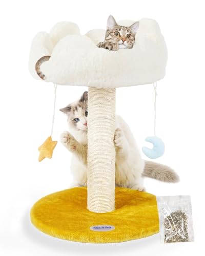 Happi N Pets Cloud Cat Tree, Cat Scratching Post with Bed, Small Cat Tree for Kittens, Cat Scratch Post with Cloud-Shaped Soft Perch & Cute Toys, Removeable Cover, Bonus Catnip - size: 22" with Scratching Post