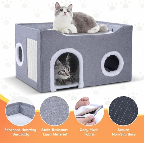 Cat House for Indoor Cats – Foldable Cat Cave & Covered Cat Bed, Cozy Hideaway for Small Pets and Large Cats (23.6"x16"x12.8"),Grey - style: Grey