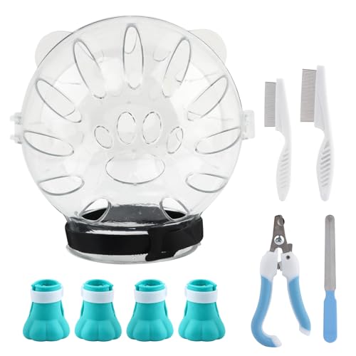 Quixleen Cat Helmet for Grooming Cat Bubble Muzzle Cat Muzzle with 4 Boots Paw Covers 2 Lice Combs 2 Pet Nail Clipper for Cats Grooming Bathing Shaving Nail Trimming