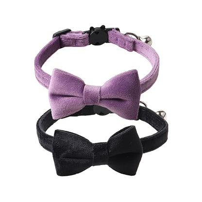 Love Dream Cat Collar Breakaway with Bow Tie and Bells - 2 Pack Velvet Girl Boy Kitty Safety Kitten Collars with Removable Bowtie for Cats Kittens, Black & Purple - color: Black & Purple