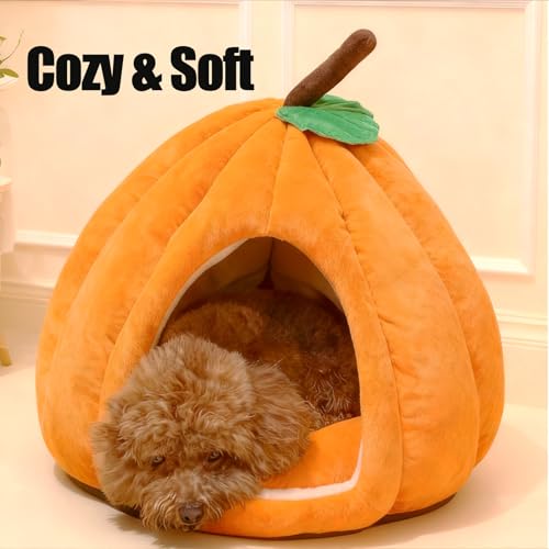 Cat Bed for Indoor Cats - Adorable Cozy Pumpkin Cat Cave with Removable Cushion, Super Soft Pet House Tent for Kittens & Small Pets, Warm & Washable Non-Slip Design(M 17.7 inch Orange) - style: Pumpkin-Orange