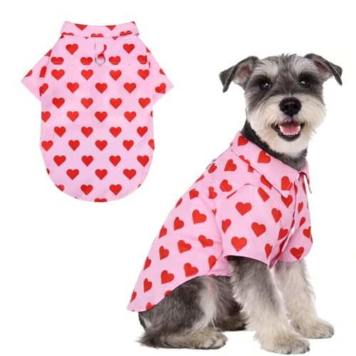 KOOLTAIL Valentine's Dog Shirt with Leash D-Ring, Soft Pet Botton Up Clothes for Small Medium Dogs, Breathable Heart Partten Puppy Polo Outfit with Sun & Insect Protection,Indoor Outdoor, Boy Girl, S - color: Pink Heart, size: Small