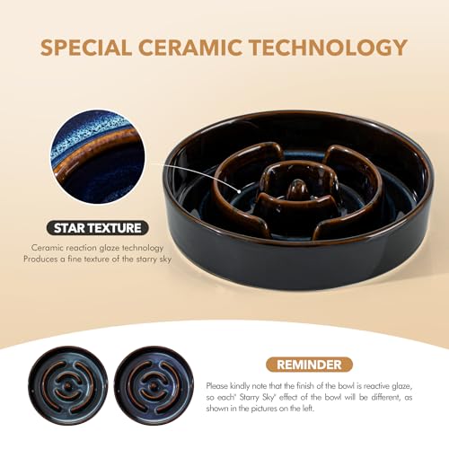 Havniva 1.2 Cup Elevated Slow Feeder Dog Bowls, 7.3” Dog Slow Feeding Bowls + 6.1” Ceramic Dog Water Bowls Set with Acacia Wood Stand, Dog Food Bowls Puzzle Feeder for Small Dogs Non-Slip Anti-choking - color: 2 x Starry Sky + Stand - A, size: M- 7.3inch