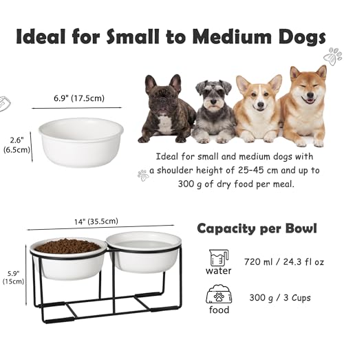 Ceramic Elevated Dog Bowl Set - Raised Food and Water Bowls with Metal Stand - Double Pet Dishes for Small and Medium Dogs - 3 Cups - 24.3 fl oz - Matte White - color: Matte White, size: L-400ml