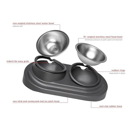 Ubbi Pet Feeding Bowls Set with Non-Slip Mat, Elevated & Flat Stainless Steel Dog or Cat Bowls, Ergonomic 15° Angled Feeder, Dishwasher Safe, Charcoal Gray - color: Charcoal