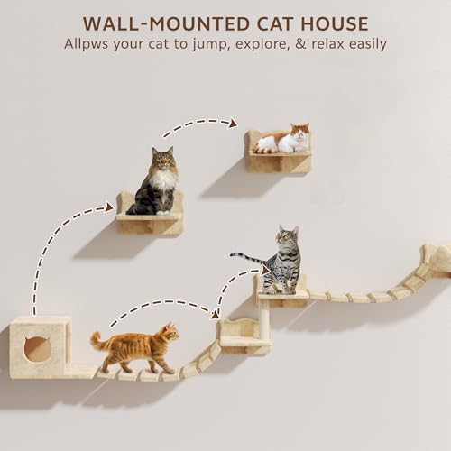 9-in-1 Cat Wall Shelves, Stable & Safe Wall Mounted Cats Shelf Furniture Set with Plush Fabric, Wooden Cat Climbing Wall Systems with Scratching Post, Bridge Ladder, Floor Space-Saving, Beige - color: Beige, size: 9-in-1