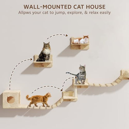 9-in-1 Cat Wall Shelves, Stable & Safe Wall Mounted Cats Shelf Furniture Set with Plush Fabric, Wooden Cat Climbing Wall Systems with Scratching Post, Bridge Ladder, Floor Space-Saving, Beige - color: Beige, size: 9-in-1