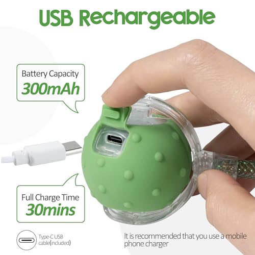 Interactive Cat Toys Ball for Indoor Cats, Automatic Moving Ball Toy with Elastic Mesh Tail, Chirping & Obstacle Avoidance and Motion Activated, Green【Rechargeable】 - color: Green