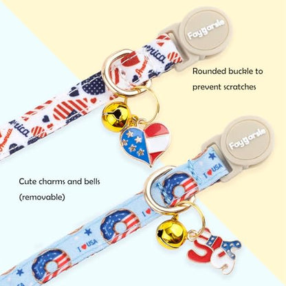 Faygarsle 2 Pack Patriotic American Flag Dog Collar Pattern Cat Collars Breakaway Safety Collar with Bell Spring Summer Design for Girl Cats, Red White Blue - color: Blue & White Flag