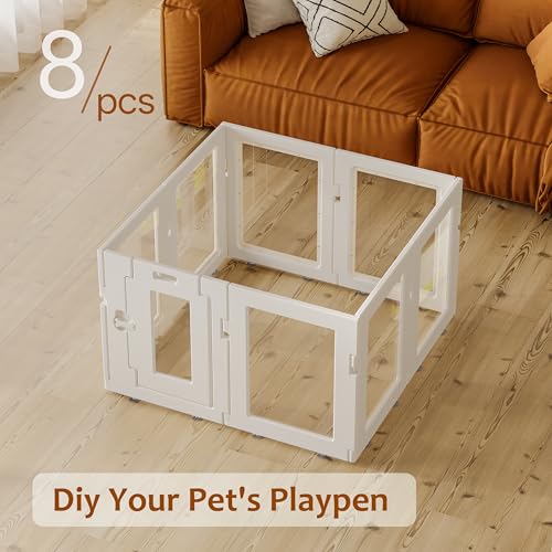 Clear Acrylic Dog Playpen Indoor, Puppy Cat Small Pet Play Pen, Easy Assemble & Disassemble Sturdy Plastic Dog Fence with Heavy Duty Door Lock (24In H, 8PCS), White - color: White, style: 8 Panels - 24 In