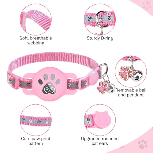SCENEREAL Airtag Cat Collar Breakaway, Reflective Pink Cat Collar Airtag, GPS Cute Cat Collar with Bells and Apple Air Tag Holder, Glow in The Dark Pet Collars for Boy Girl Cats, Kittens, Puppies