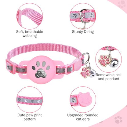 SCENEREAL Airtag Cat Collar Breakaway, Reflective Pink Cat Collar Airtag, GPS Cute Cat Collar with Bells and Apple Air Tag Holder, Glow in The Dark Pet Collars for Boy Girl Cats, Kittens, Puppies