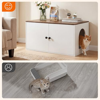 HOOBRO Cat Litter Box Enclosure, Hidden Litter Box Furniture with Side Entry, Litter Box Cabinet, Indoor Cat House, End Side Table, 31.5" L x 17.7" W x 16.3H, for Bathroom, White and Walnut WH40MW01 - color: White + Walnut