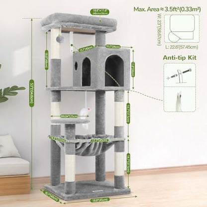 Globlazer Cat Tree Tower with Scratching Post for Indoor Cats, 53inch Tall Plush Multi-Level Cat Climbing Tower Condo House with Large Hammock, Spacious Cat Cave, Padded Top Perch Bed, F53, Light Gray - color: Light Gray