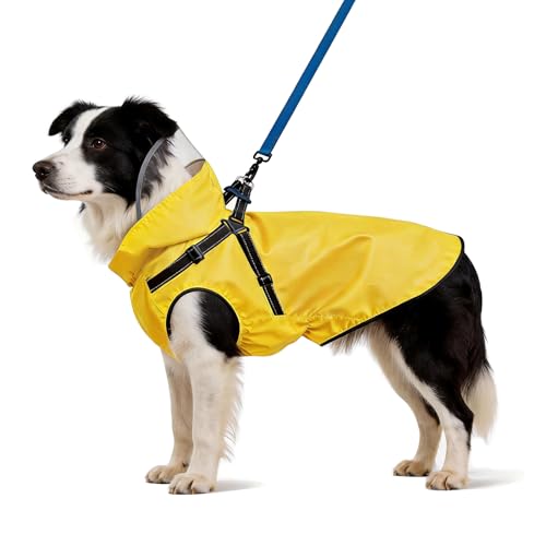 Dog Raincoat: Dog Rain Jacket with Reflective Harness & Removable Hood | Waterproof Dogs Rain Coat Poncho for Large Medium Small Dogs Puppies (Yellow - L) - size: Large