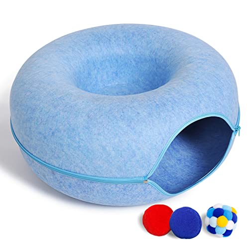 Large Cat Tunnel Bed for Indoor Cats with 3 Toys, Scratch Resistant Donut Cat Bed, Up to 30 Lbs (L 24x24x11, Blue) - color: Blue, size: L(24x24x11)