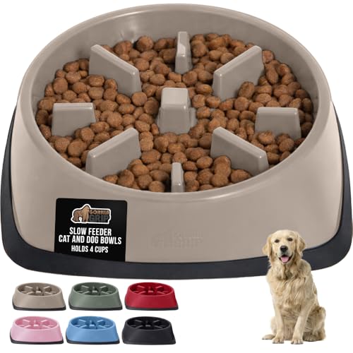 GORILLA GRIP® Patented BPA Free Slow Feeder Dog Bowls, 4 Cup Interactive Puzzle Toy for Dogs and Cats Food Training Enrichment, Keeps Pets Busy and Prevents Puppy Overeating, Large Breeds, Beige - color: Beige, size: 4 Cup