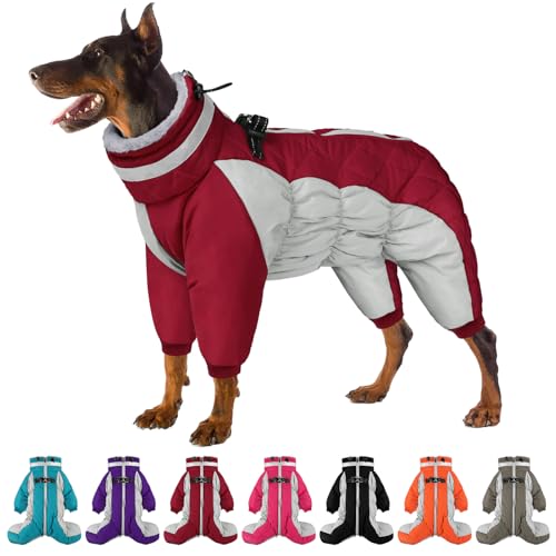Full Body Dog Coat - Warm Fleece Jacket for Large Dogs, Turtleneck Winter Coats with Harness, Reflective Dog Snowsuit Windproof Puffer Jackets with Legs for French Bulldog, Burgundy L - color: Burgundy, size: Large