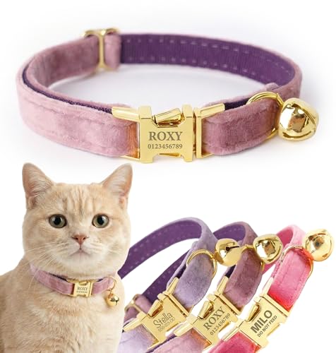 Personalized Velvet Cat Collar with Bell, Custom Engraved Name and Phone Number, Adjustable Luxury Kitten Collar, Non-Breakaway Secure ID Collar for Cats and Kittens - color: Dark Purple, size: L