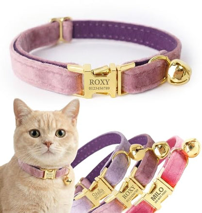 Personalized Velvet Cat Collar with Bell, Custom Engraved Name and Phone Number, Adjustable Luxury Kitten Collar, Non-Breakaway Secure ID Collar for Cats and Kittens - color: Dark Purple, size: L