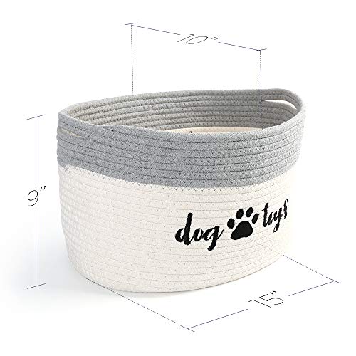 PrimePets Cotton Rope Dog Toy Basket, Small Basket with Handles, Woven Storage Bin for Dogs Pets, 15x10x9 inch Pet Basket Container Holder for Toys, White and Grey