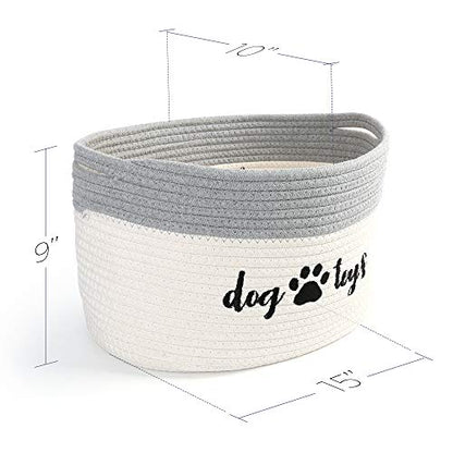 PrimePets Cotton Rope Dog Toy Basket, Small Basket with Handles, Woven Storage Bin for Dogs Pets, 15x10x9 inch Pet Basket Container Holder for Toys, White and Grey