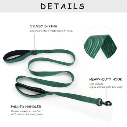 Wagtime Club Double Handle Dog Leash, 6ft Long Heavy Duty Dog Leash with Paded Traffic Handles for Extral Control and Training, Dual Handles Leads, Large Medium Small Dogs (Hunter Green) - color: Hunter Green